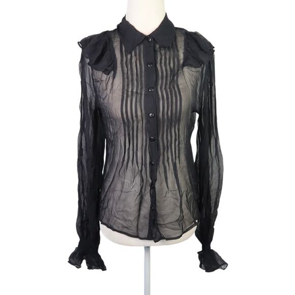BB Dakota Black Silk Sheer Pintuck Pleat Ruffle Blouse Top Small - Picture 1 of 6